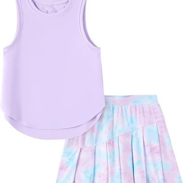 PATPAT Girls Tennis Skirt Sets Moisture Wicking Tank Tops and Pleated Skirts 2 Piece Outfits Activewear Sets 5-12 Years