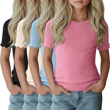 4 Pack Girls Short Sleeve Tops Ribbed Cotton Lettuce Trim T Shirts Crew Neck Cute Basic Tees for Kids Teen 5-14Y